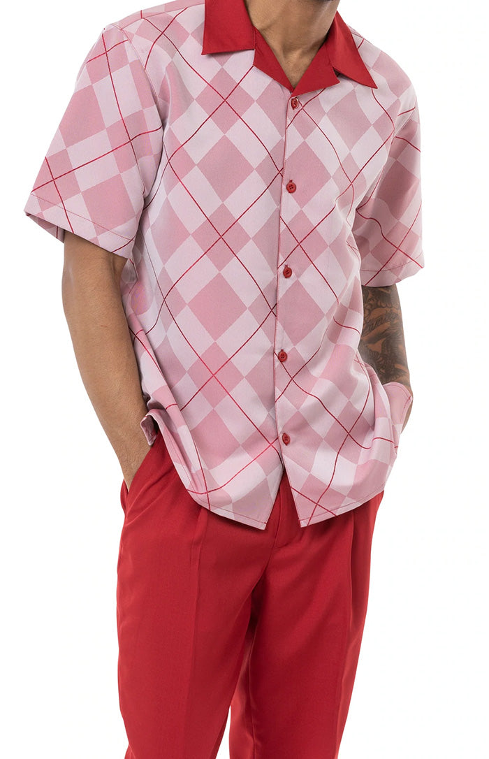 (M) Red 2 Piece Short Sleeve Men's Summer Walking Suit Argyle Pattern