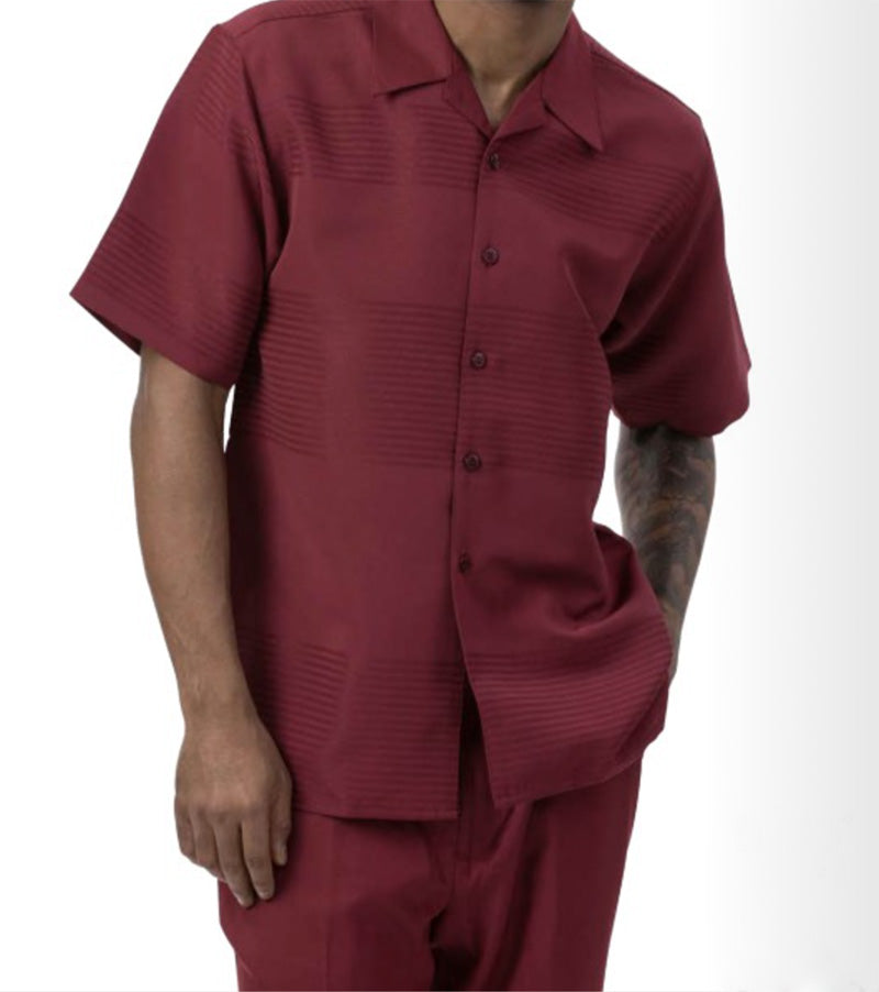 (4XL, 6XL) Burgundy Tone on Tone 2 Piece Short Sleeve Walking Suit Set