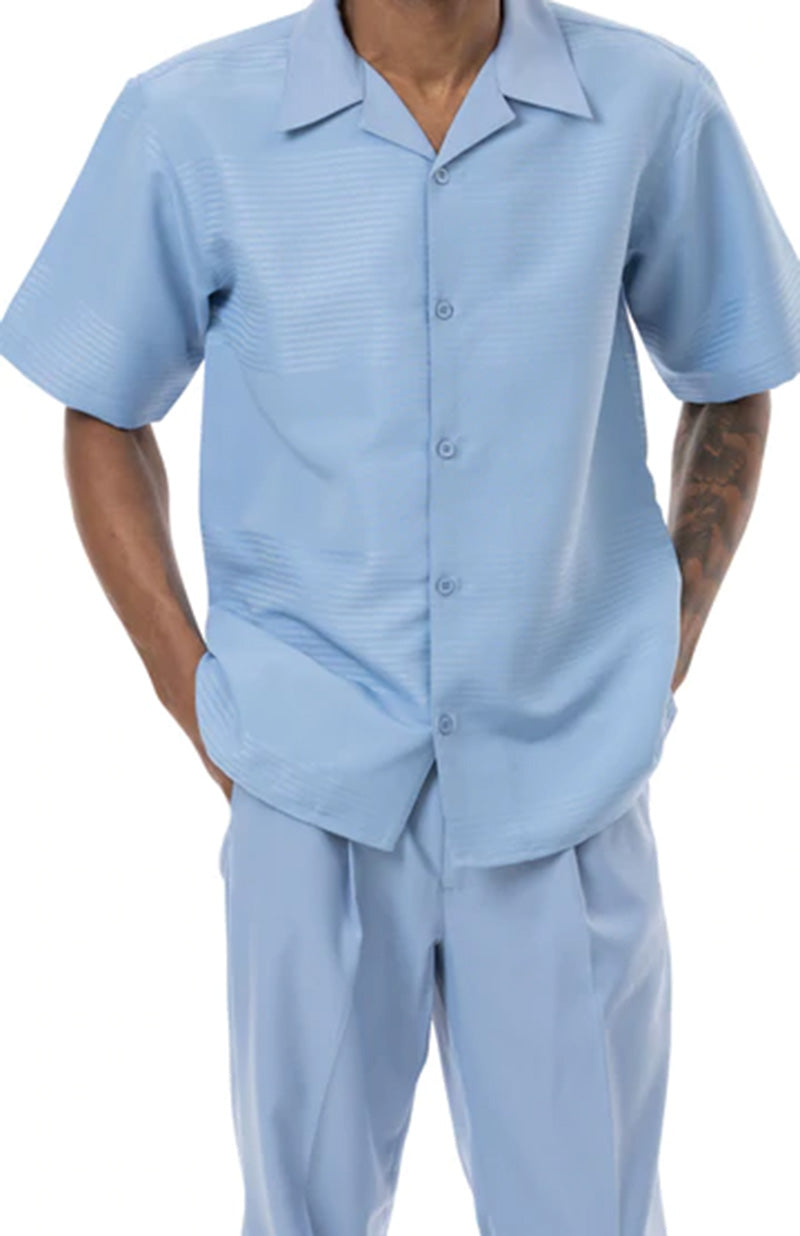 (3XL) Carolina Blue Tone on Tone 2 Piece Short Sleeve Walking Suit Set