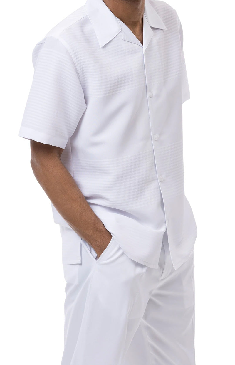 (L) White Tone on Tone 2 Piece Short Sleeve Walking Suit Set