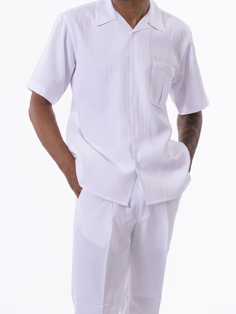 (L/38) White Tone on Tone Striped Walking Suit 2 Piece Short Sleeve Set