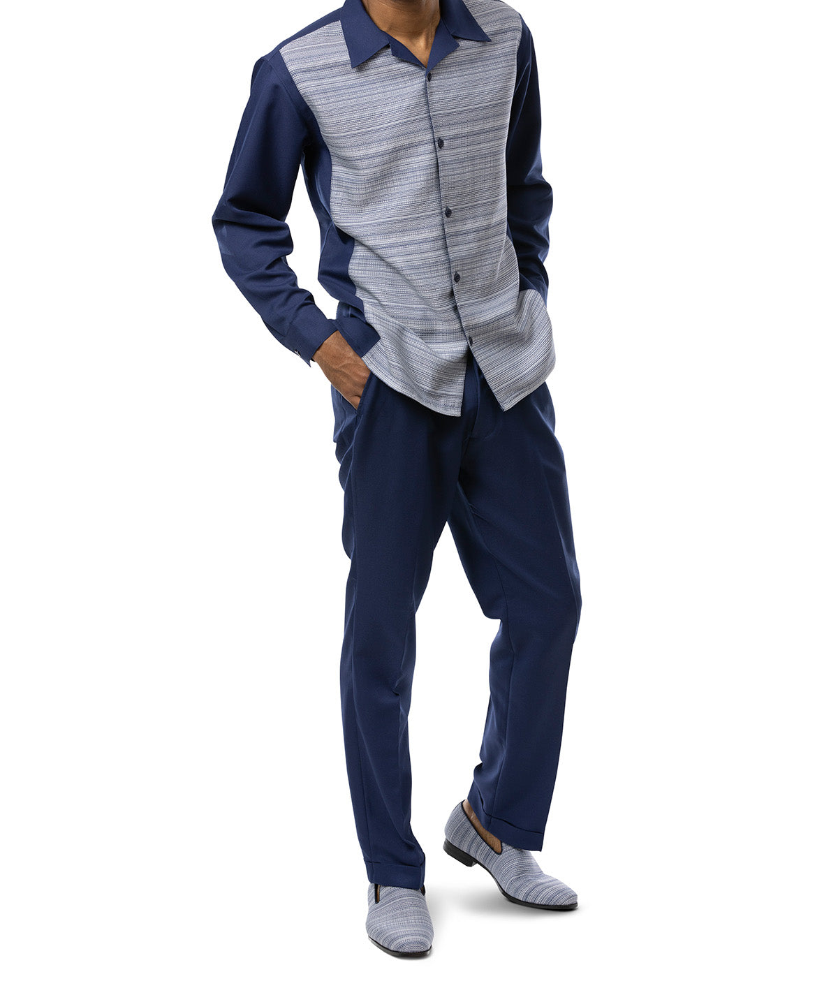 Navy Weave Printed 2 Piece Long Sleeve Walking Suit Set