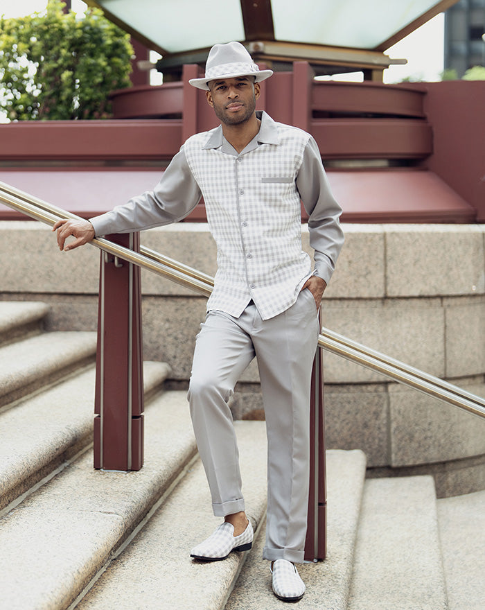 Ash Gray Checkered 2 Piece Long Sleeve Walking Suit Set