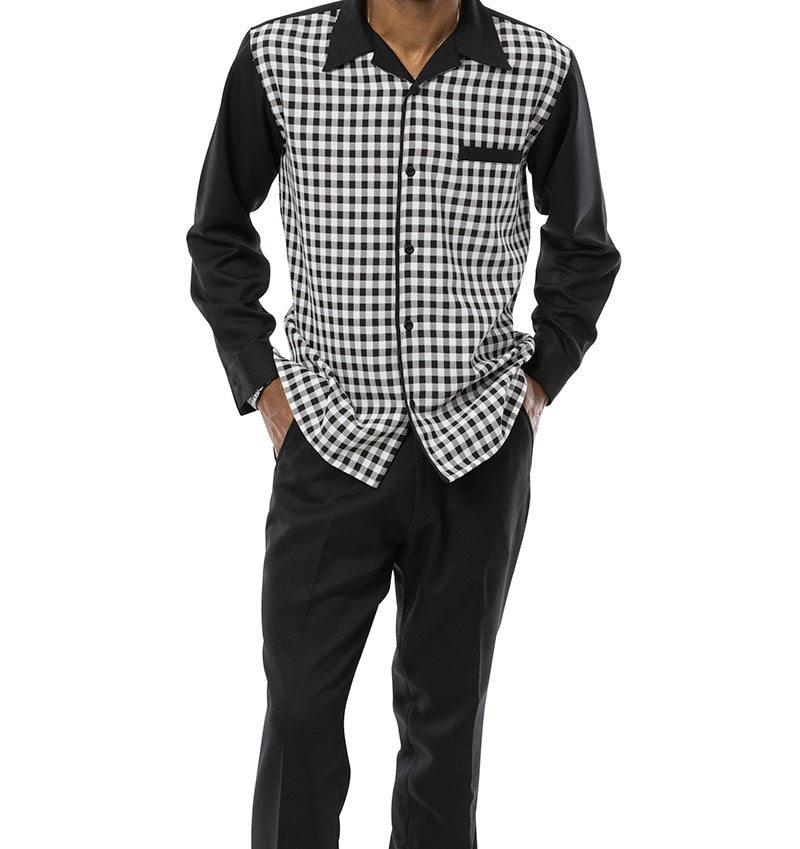 Black Checkered 2 Piece Long Sleeve Walking Suit Set