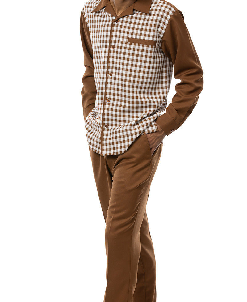 Saddle Brown Checkered 2 Piece Long Sleeve Walking Suit Set