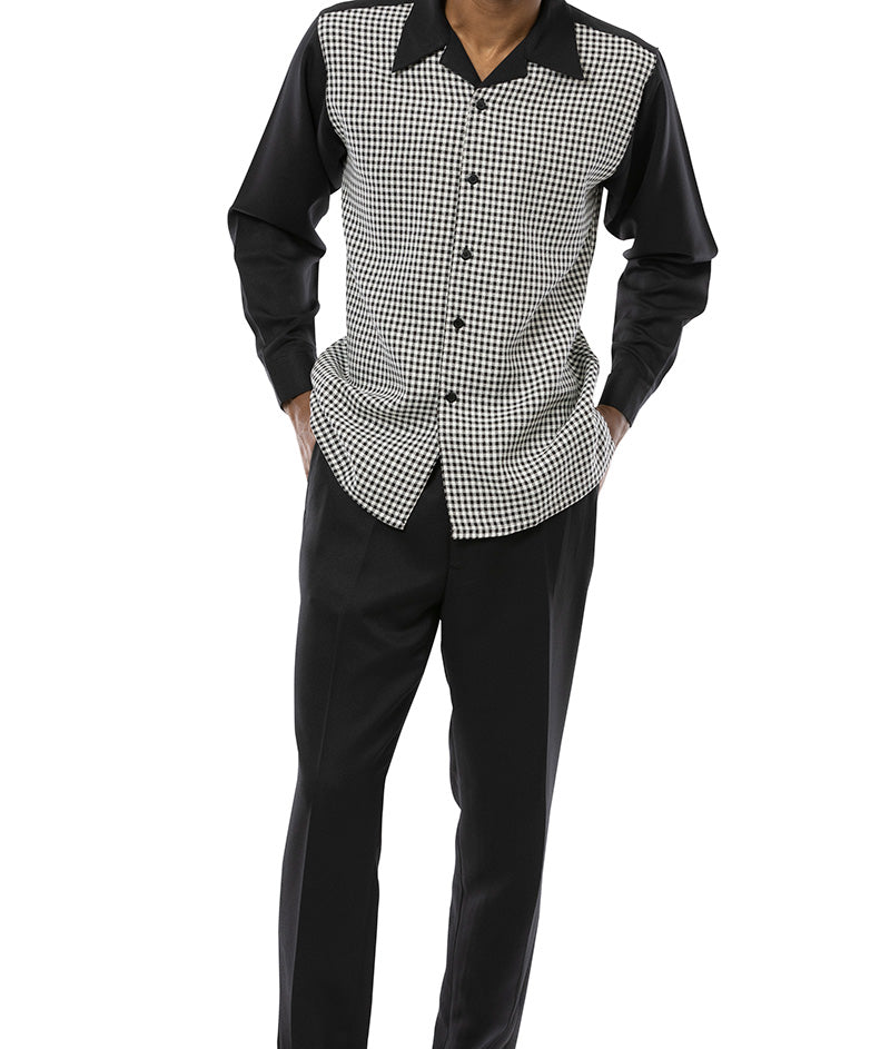 Black Mini-Checkered 2 Piece Long Sleeve Walking Suit Set