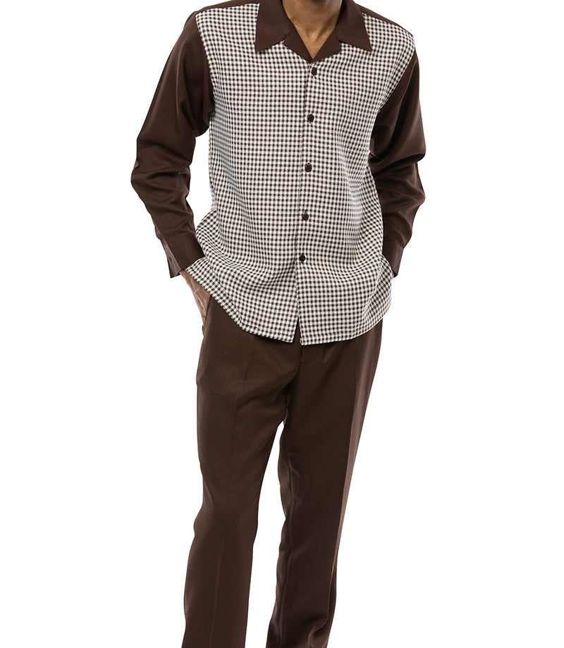 Brown Mini-Checkered 2 Piece Long Sleeve Walking Suit Set | Suits ...