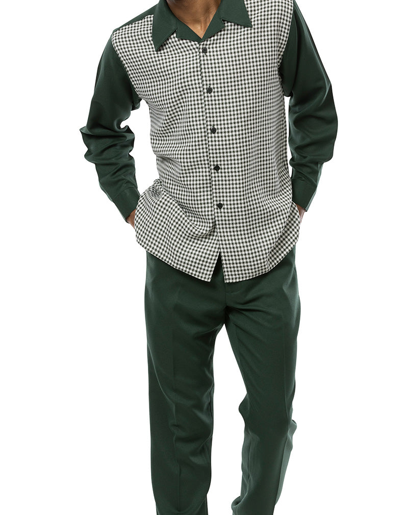 Hunter Green Mini-Checkered 2 Piece Long Sleeve Walking Suit Set