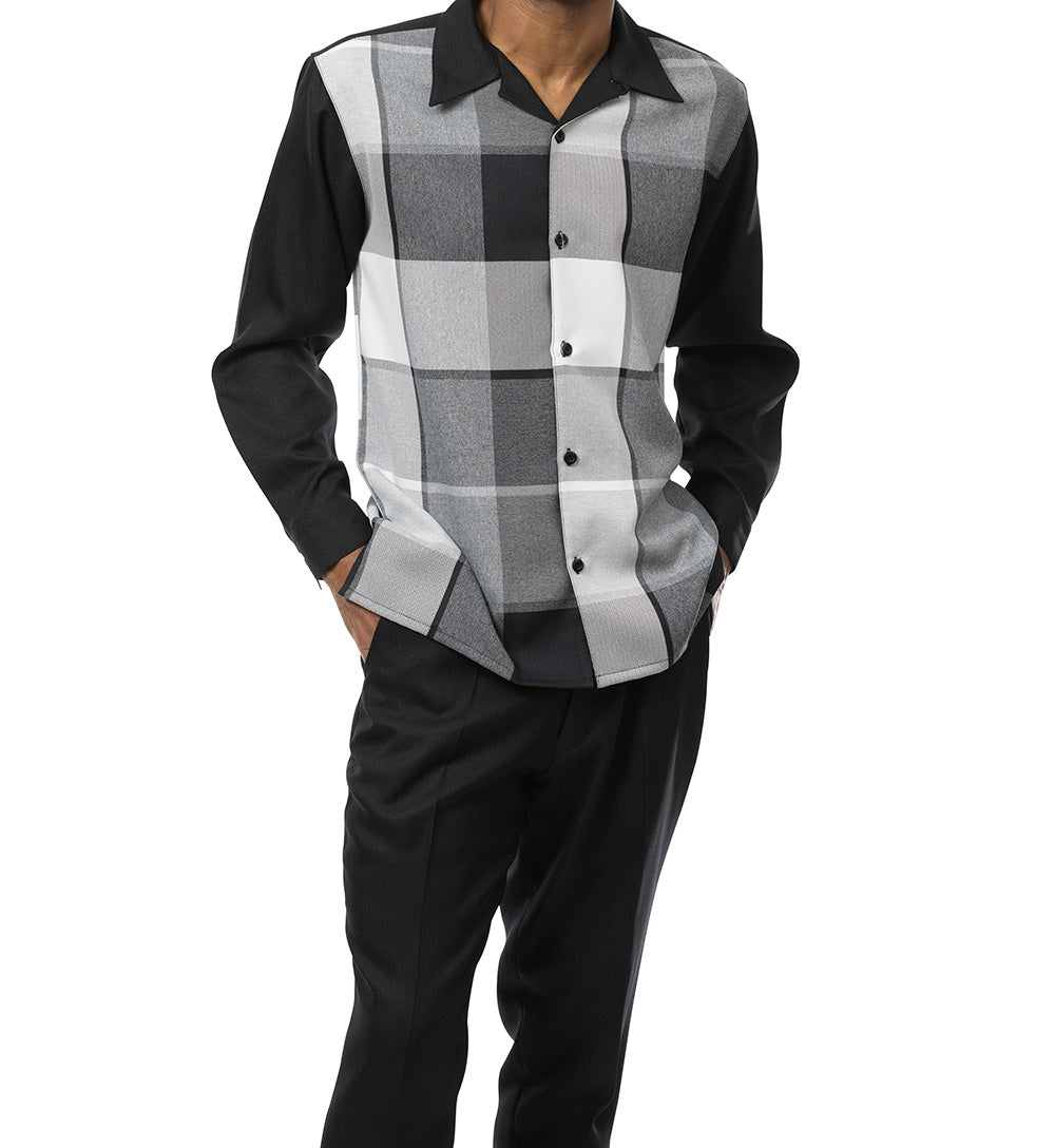Black Tone-on-Tone Windowpane 2 Piece Long Sleeve Walking Suit Set