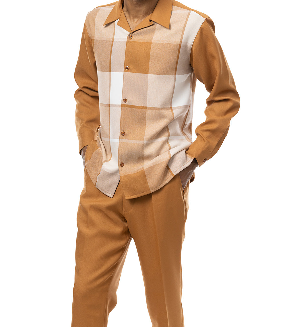 Copper Tone-on-Tone Windowpane 2 Piece Long Sleeve Walking Suit Set