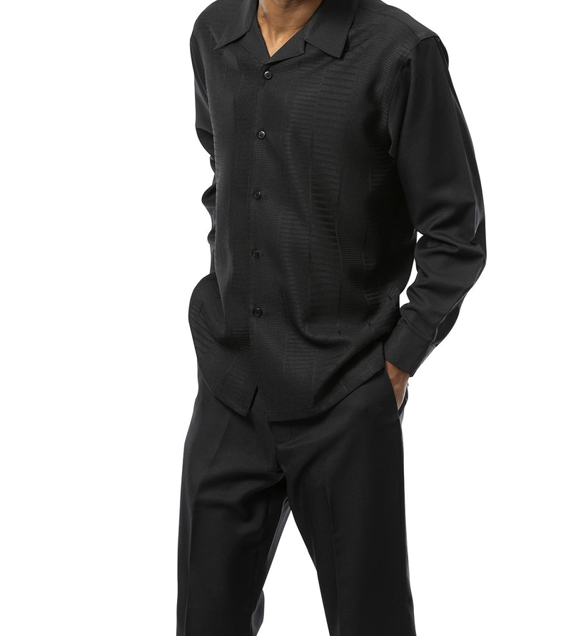 Black Tone-on-Tone Design 2 Piece Long Sleeve Walking Suit Set | Suits ...