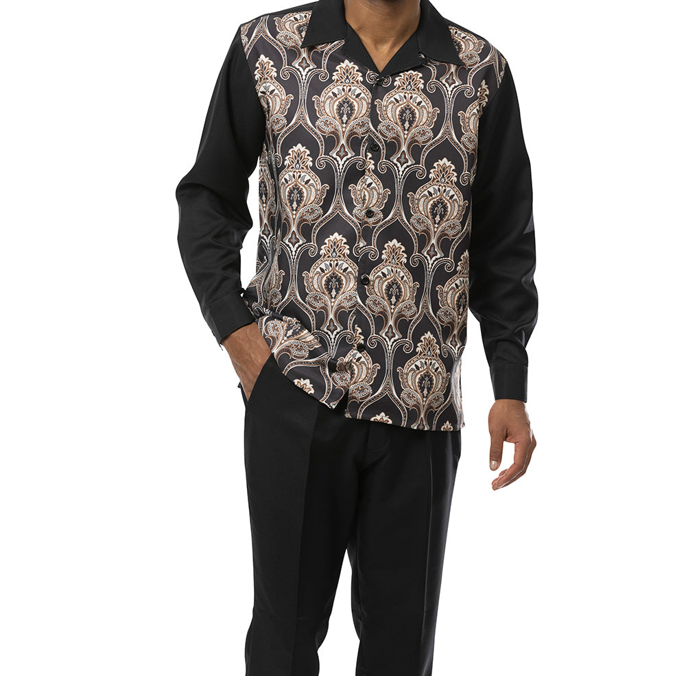 Black Front Print Design 2 Piece Long Sleeve Walking Suit Set