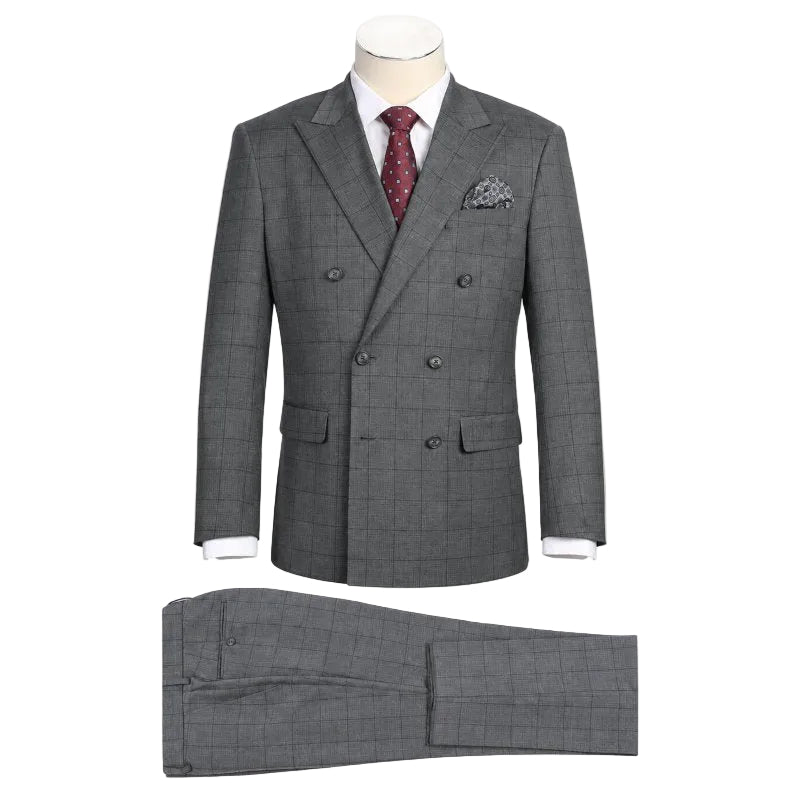 Lozano Collection - Men's 2 Piece Slim Fit Gray Check Double Breasted Suit