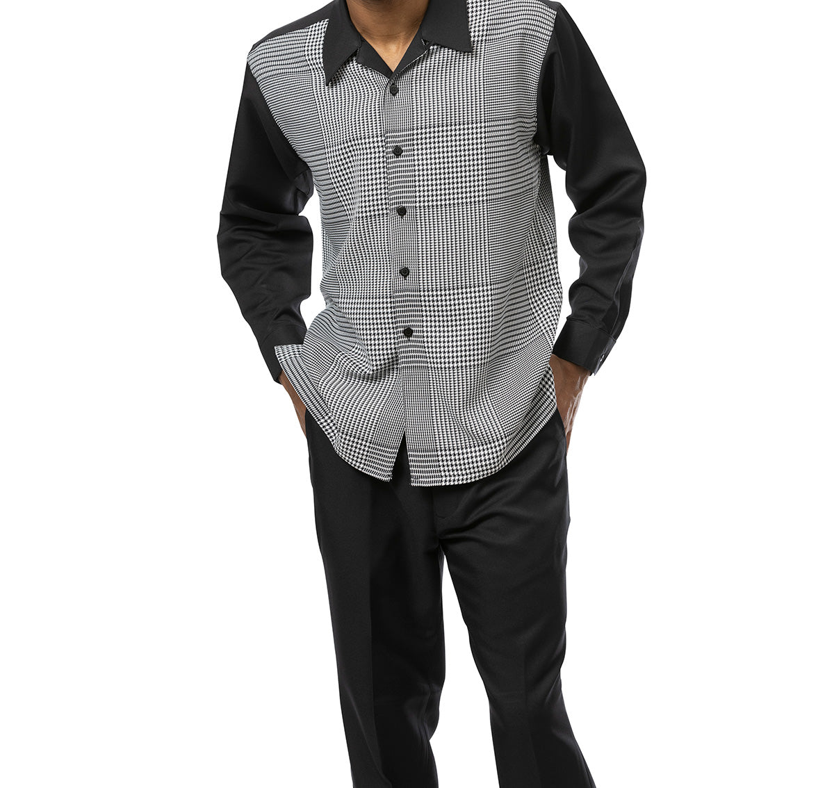 Black Plaid Front 2 Piece Long Sleeve Walking Suit Set | Suits Outlets ...