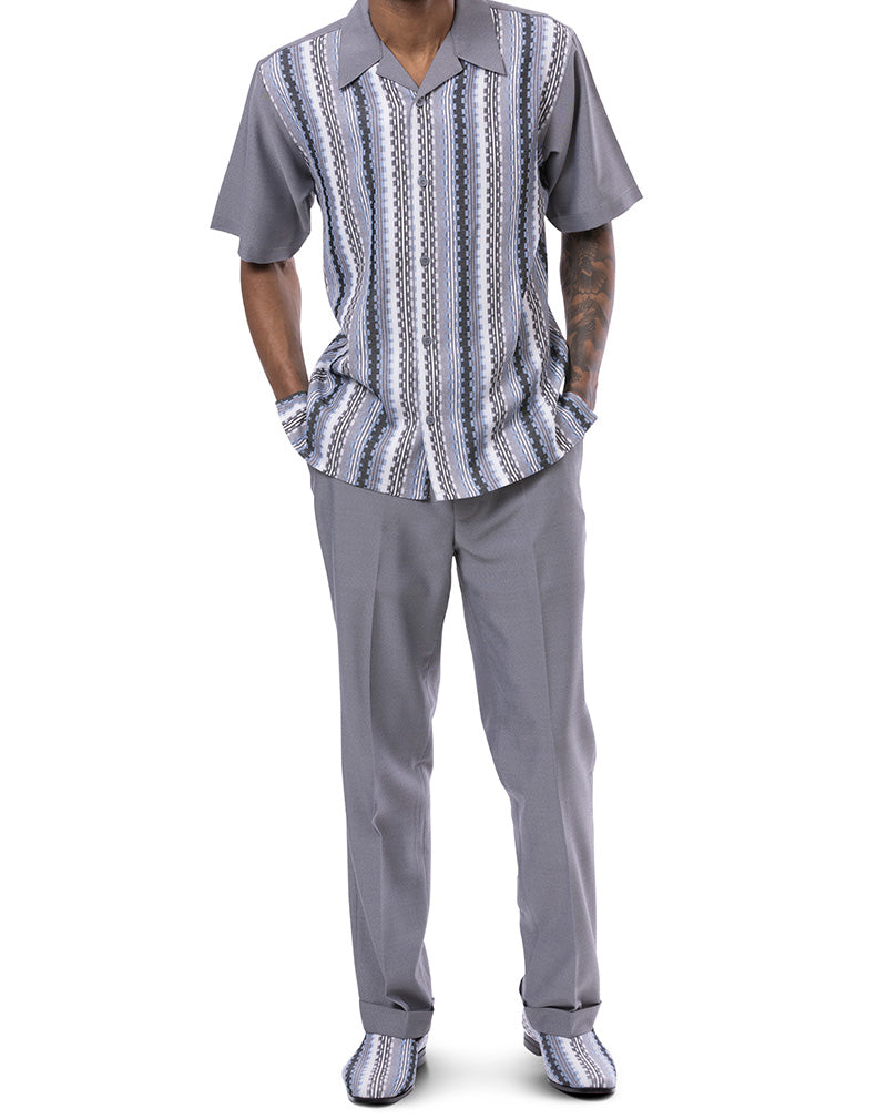 Gray Weave Design Walking Suit 2 Piece Short Sleeve Set