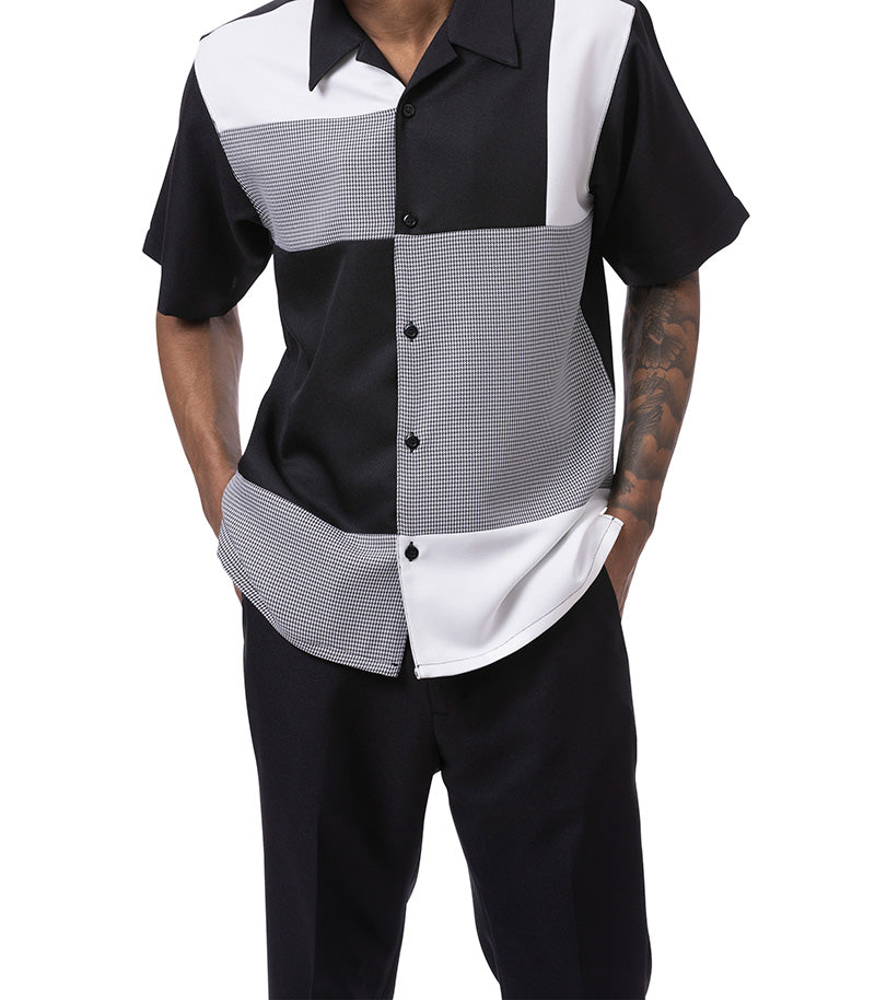 Black Color Block Tone-on-tone Walking Suit 2 Piece Short Sleeve Set