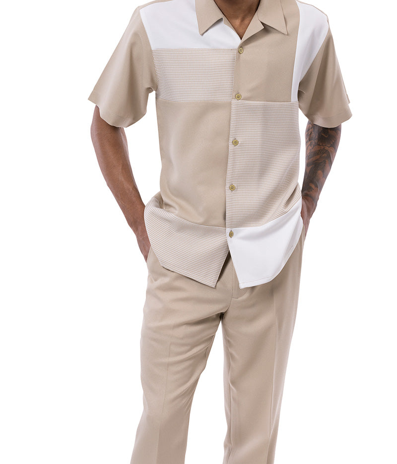 Khaki Color Block Tone-on-tone Walking Suit 2 Piece Short Sleeve Set