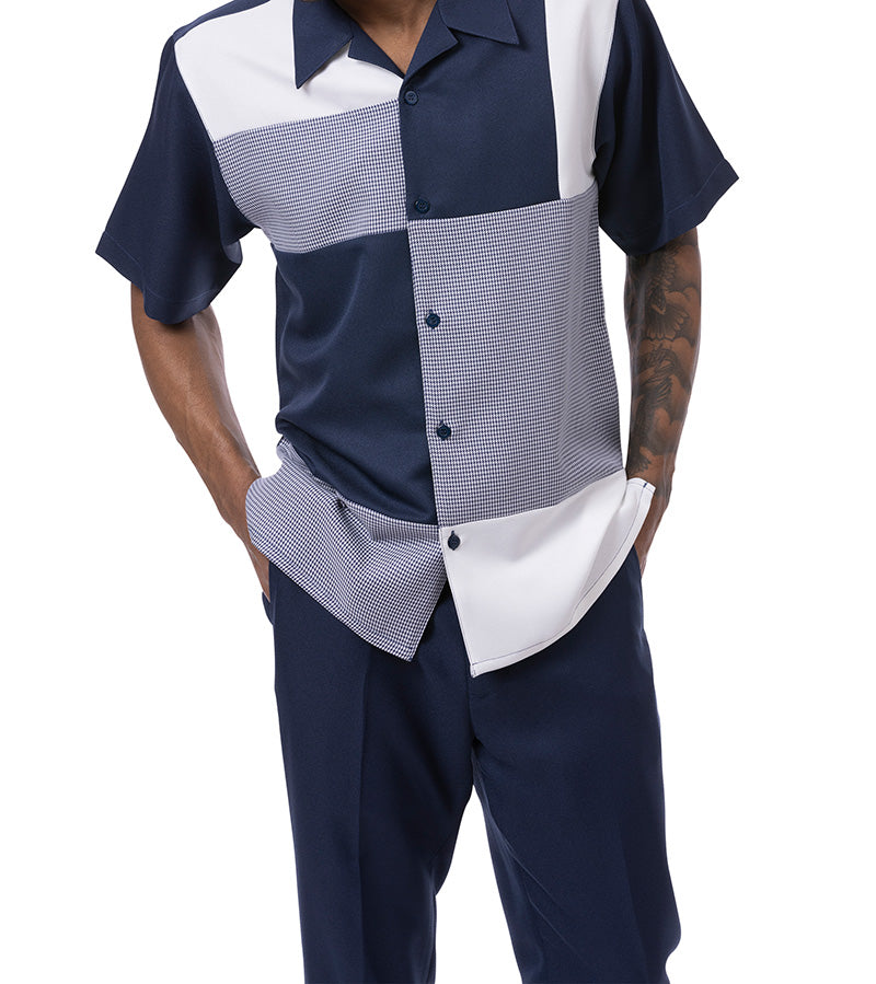 Navy Color Block Tone-on-tone Walking Suit 2 Piece Short Sleeve Set