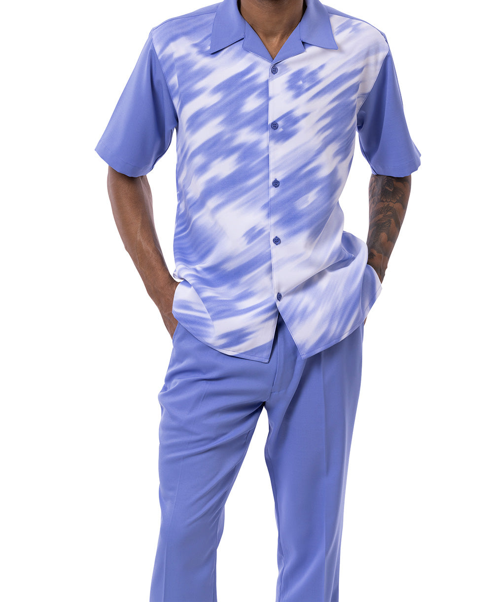 Blue Abstract Print Walking Suit 2 Piece Short Sleeve Set