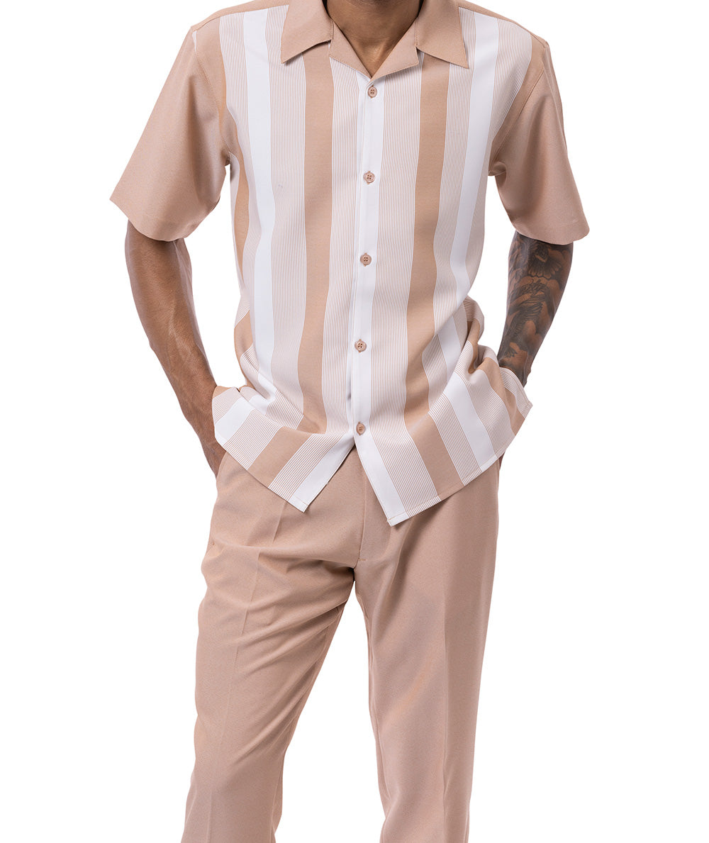 Beige Vertical Stripes Walking Suit 2 Piece Short Sleeve Set