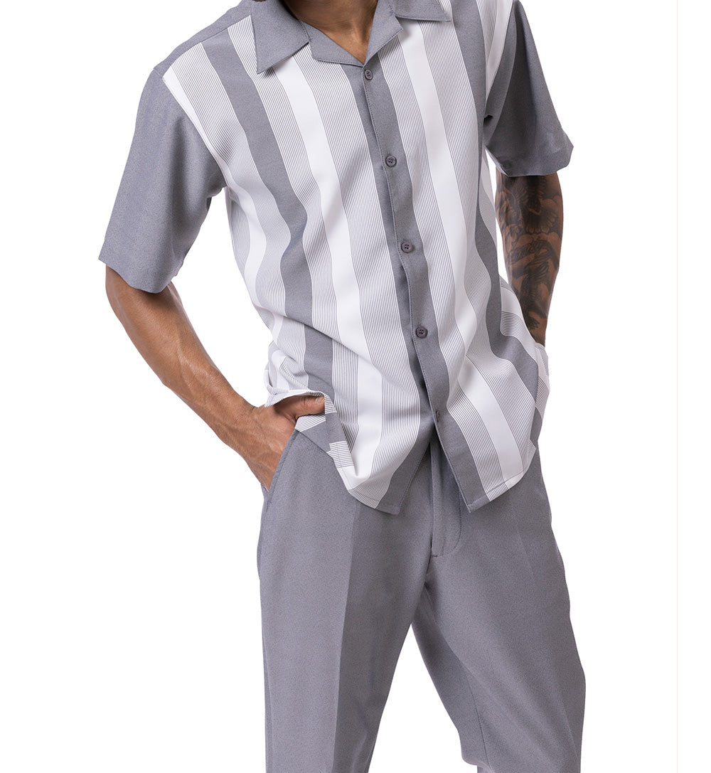 Gray Vertical Stripes Walking Suit 2 Piece Short Sleeve Set
