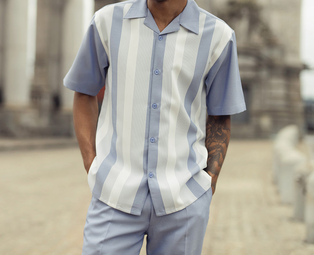Chambray Blue Vertical Stripes Walking Suit 2 Piece Short Sleeve Set