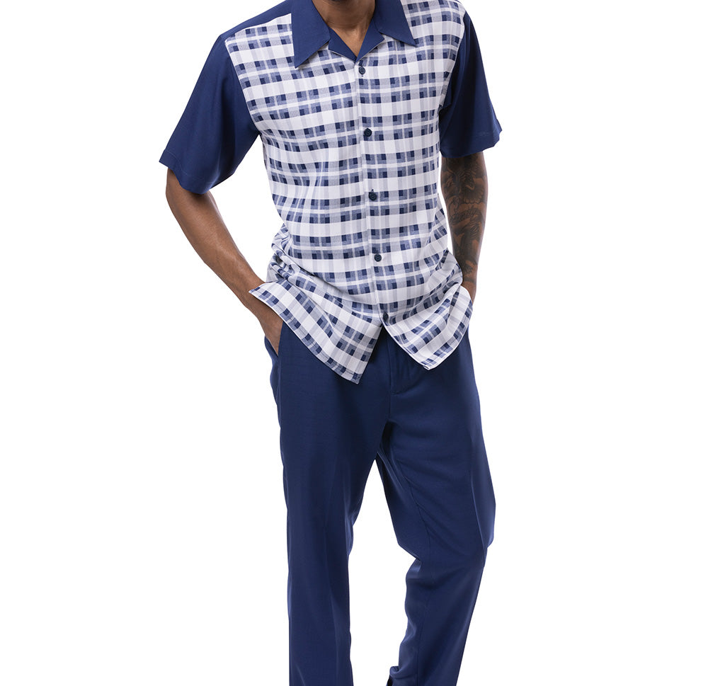 Navy Shadow Plaid Design Walking Suit 2 Piece Short Sleeve Set