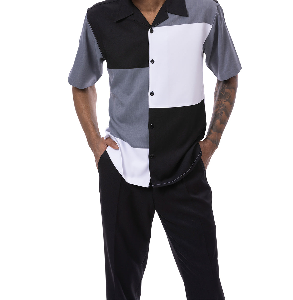 Black Gray Color Block Walking Suit 2 Piece Short Sleeve Set