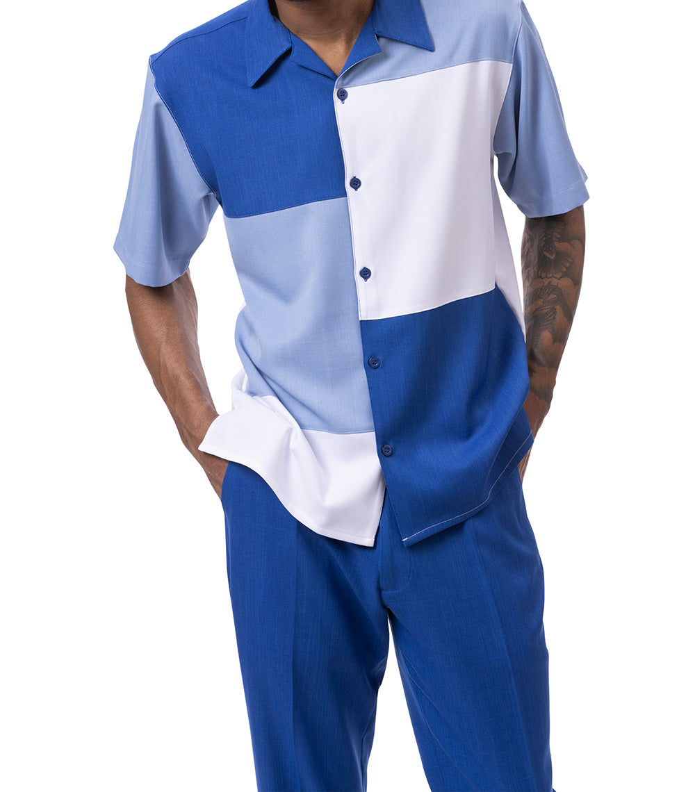 Cobalt Carolina Blue Color Block Walking Suit 2 Piece Short Sleeve Set