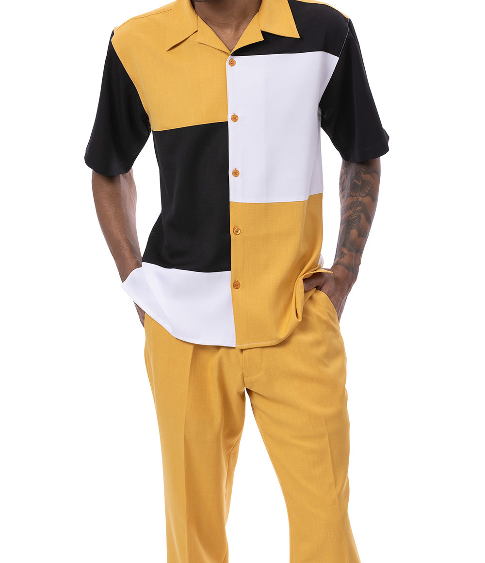 Gold Black Color Block Walking Suit 2 Piece Short Sleeve Set