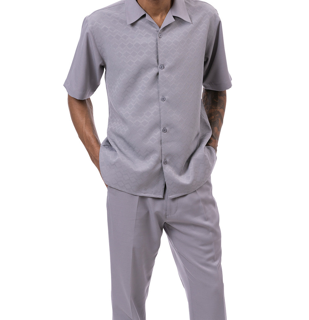 Gray Tone-on-tone Walking Suit 2 Piece Short Sleeve Set 