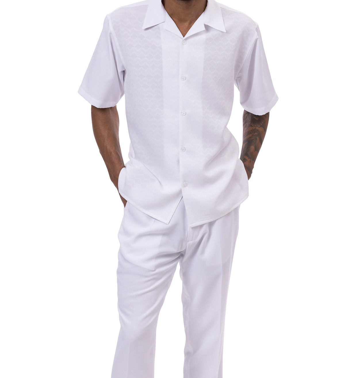 White Tone-on-tone Walking Suit 2 Piece Short Sleeve Set