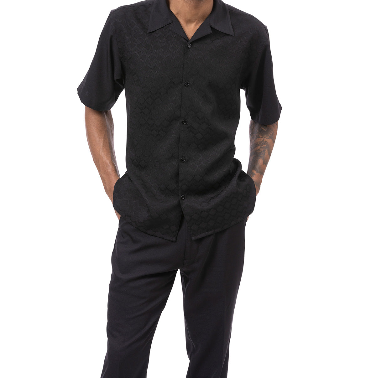 Black Tone-on-tone Walking Suit 2 Piece Short Sleeve Set