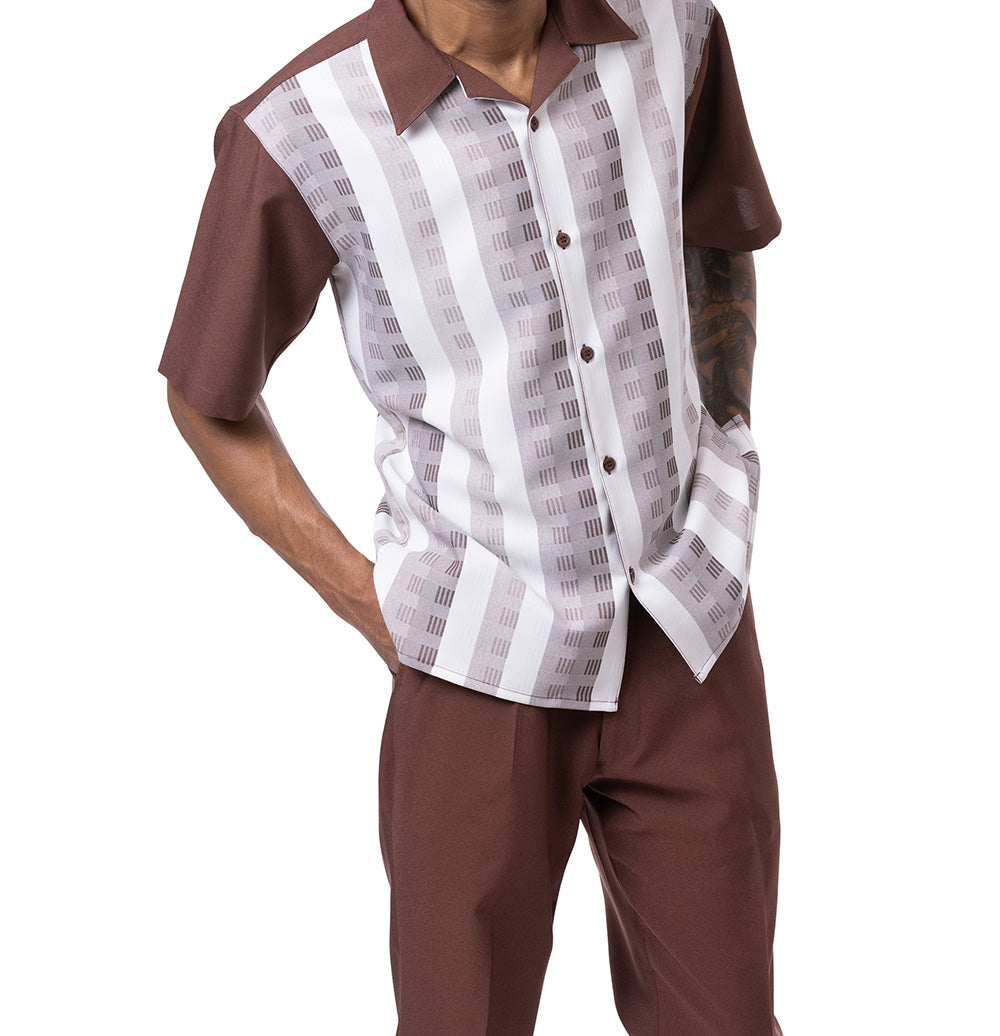 Brown Color Striped Walking Suit 2 Piece Short Sleeve Set