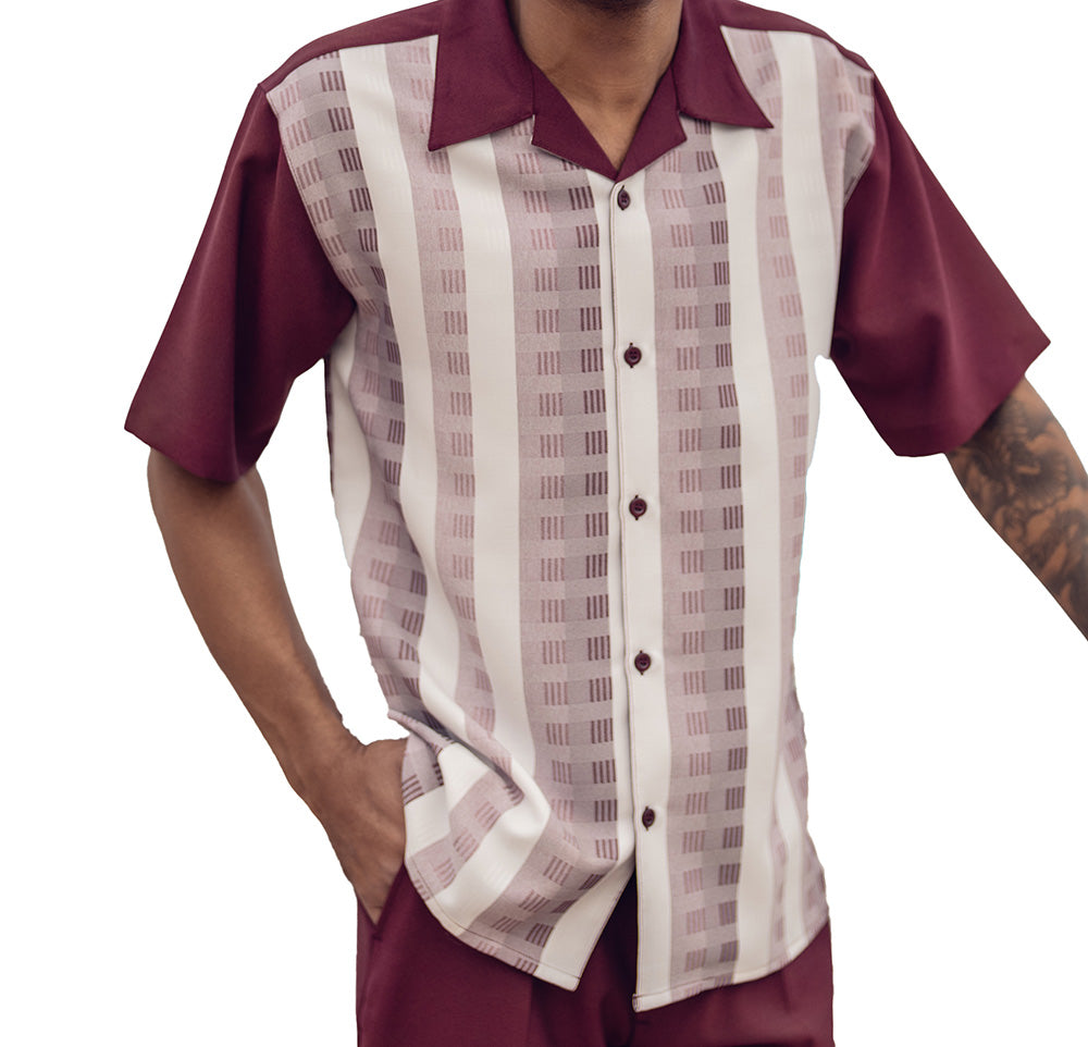 Burgundy Color Striped Walking Suit 2 Piece Short Sleeve Set