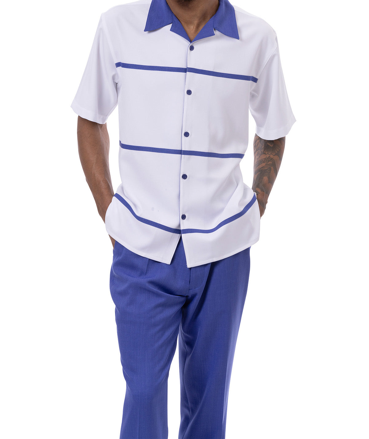 Royal Blue Horizontal Line Walking Suit 2 Piece Short Sleeve Set