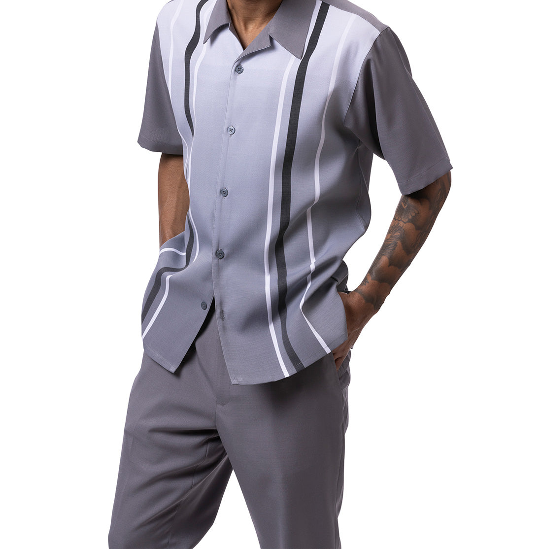 Gray Gradient Color With Stripes Walking Suit 2 Piece Short Sleeve Set Gray gradient color with stripes walking suit 2 piece short sleeve set