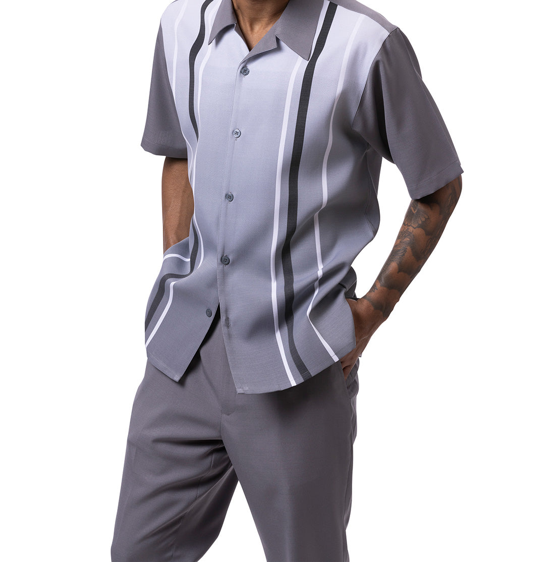 Gray Gradient Color with Stripes Walking Suit 2 Piece Short Sleeve Set