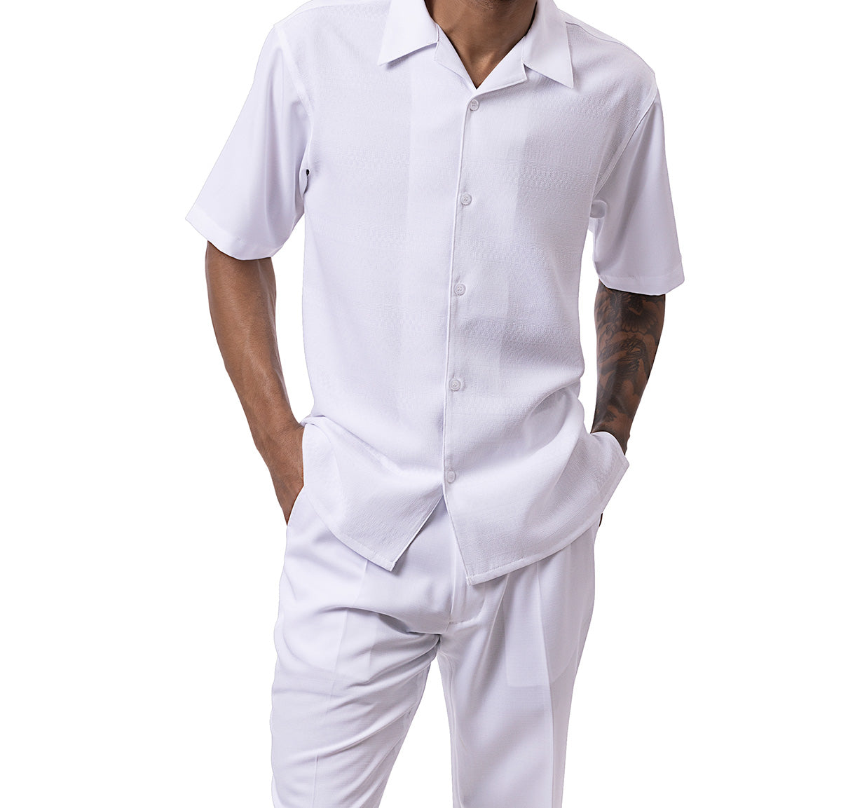 White Tone on Tone Detailed Design Walking Suit 2 Piece Short Sleeve Set