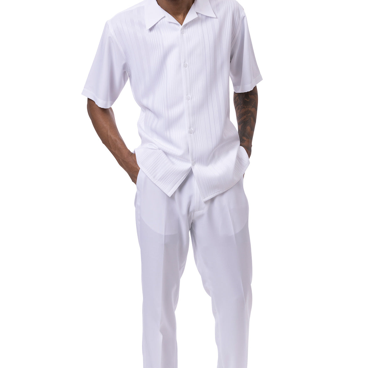 White Tone-on-tone Vertical Striped Walking Suit 2 Piece Short Sleeve Set