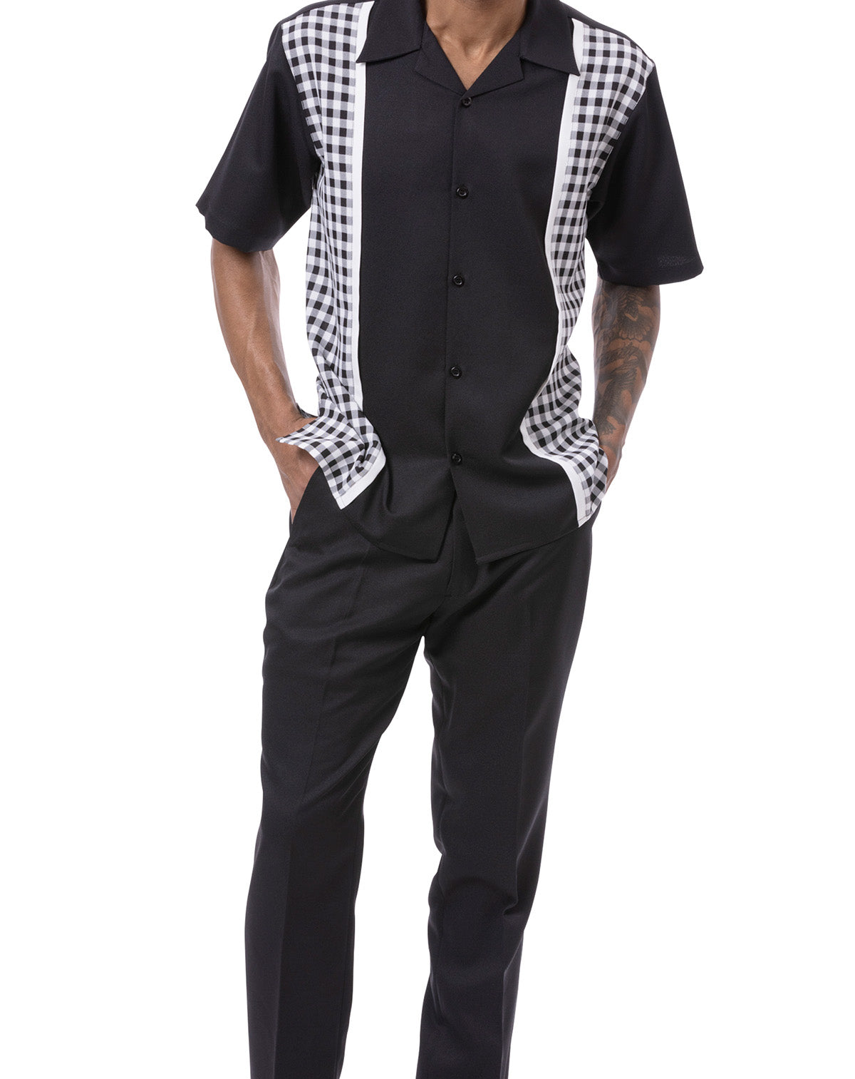 Black Checker Plaid Walking Suit 2 Piece Short Sleeve Set