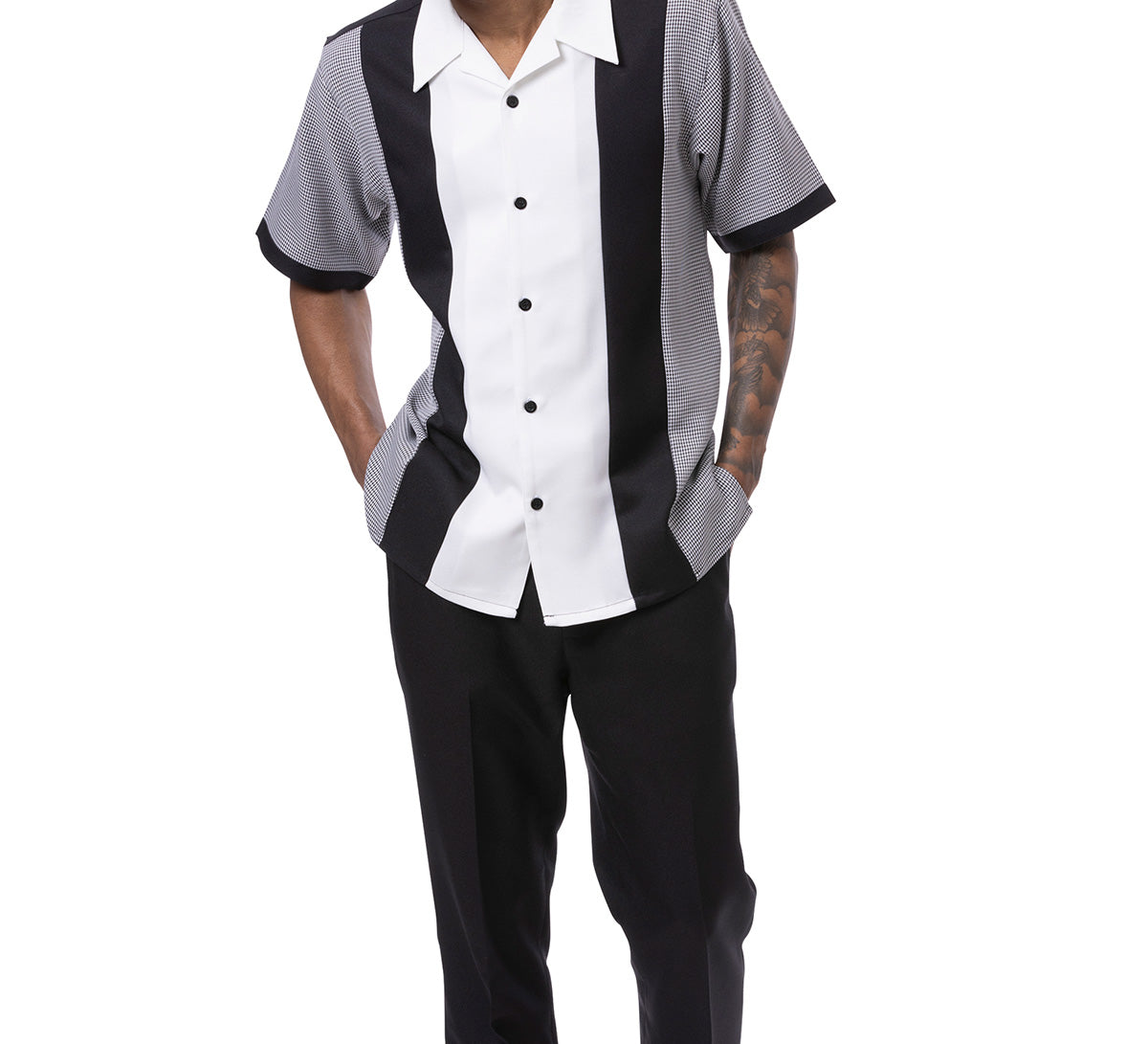 Black Vertical Color Design Walking Suit 2 Piece Short Sleeve Set