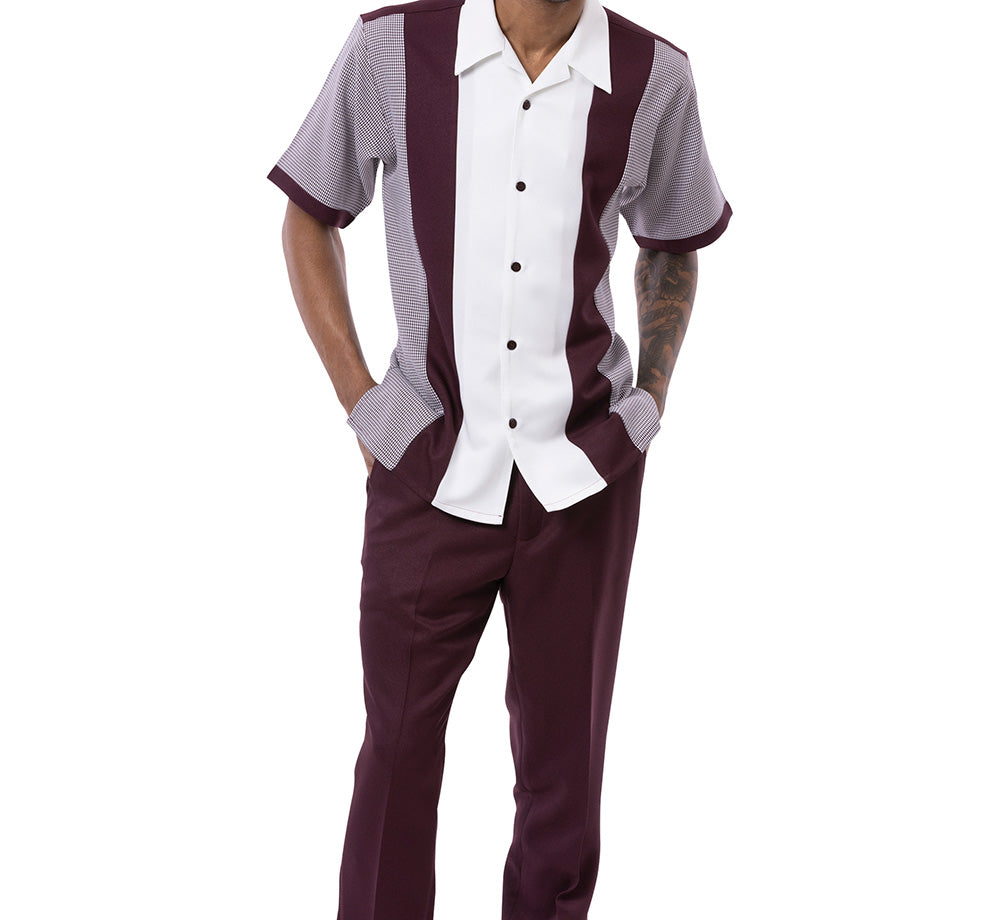 Wine Vertical Color Design Walking Suit 2 Piece Short Sleeve Set