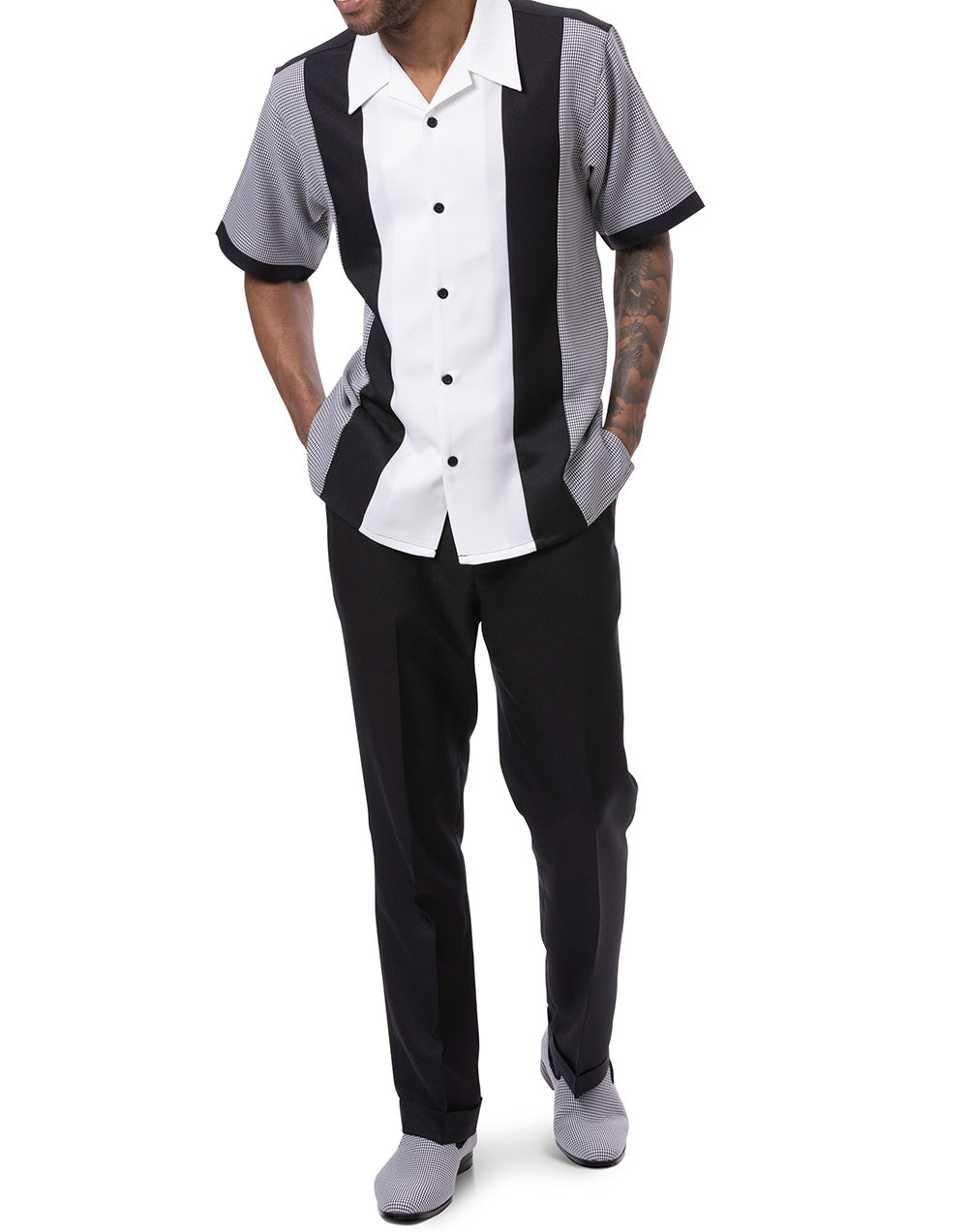Black Vertical Color Design Walking Suit 2 Piece Short Sleeve Set