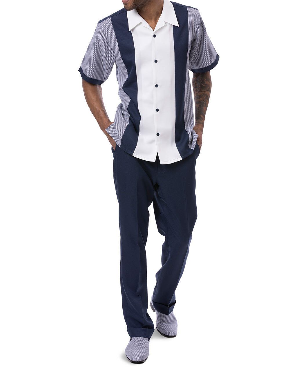 Navy Vertical Color Design Walking Suit 2 Piece Short Sleeve Set