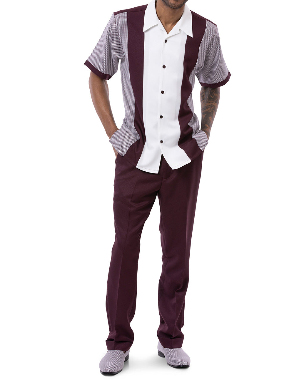 Wine Vertical Color Design Walking Suit 2 Piece Short Sleeve Set