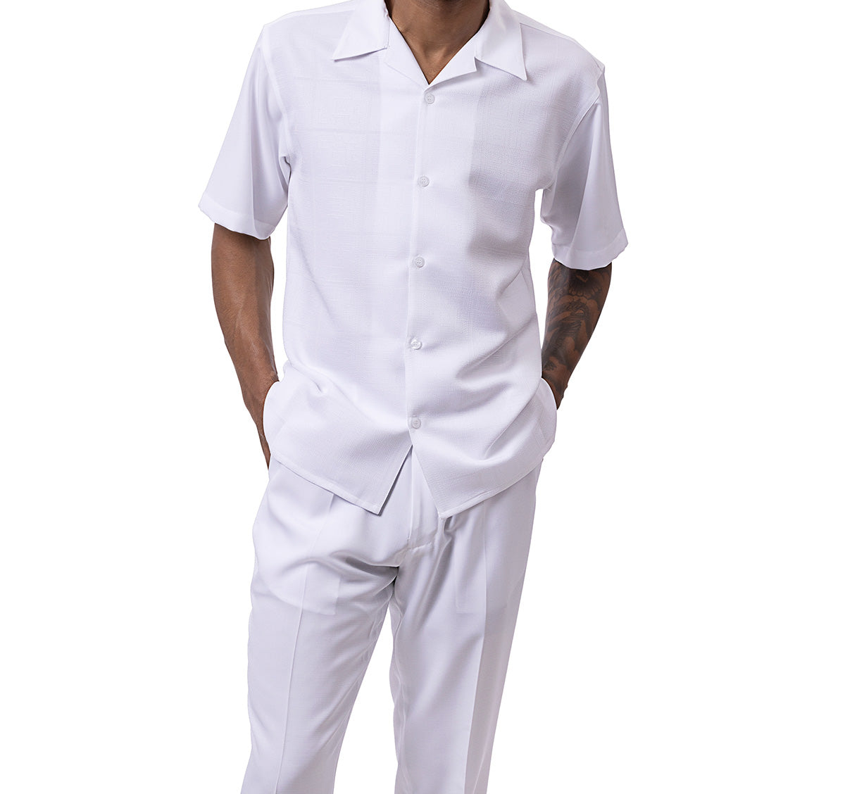 White Tone-on-tone Windowpane Walking Suit 2 Piece Short Sleeve Set