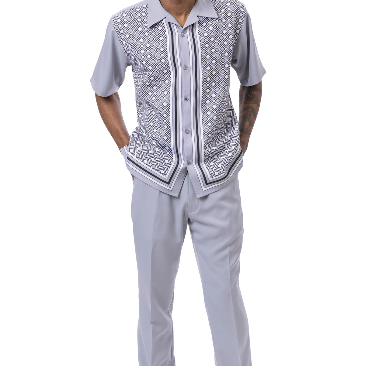 Gray Mini Windowpane Walking Suit 2 Piece Short Sleeve Set