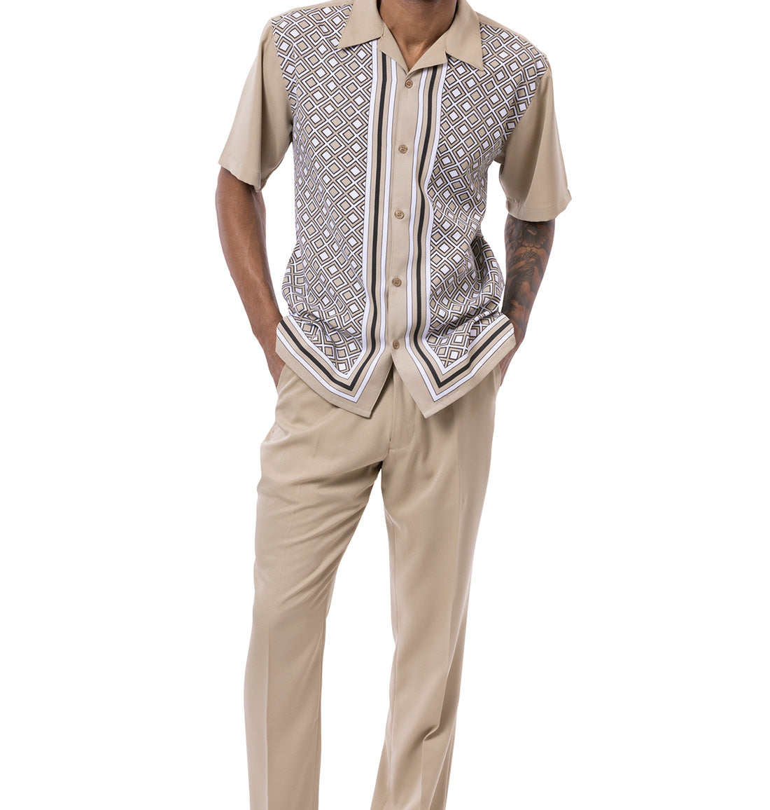 Khaki Mini Windowpane Walking Suit 2 Piece Short Sleeve Set