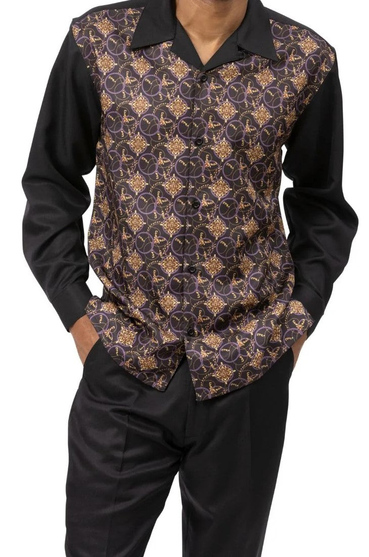 Black Print Design Long Sleeve Walking Suit